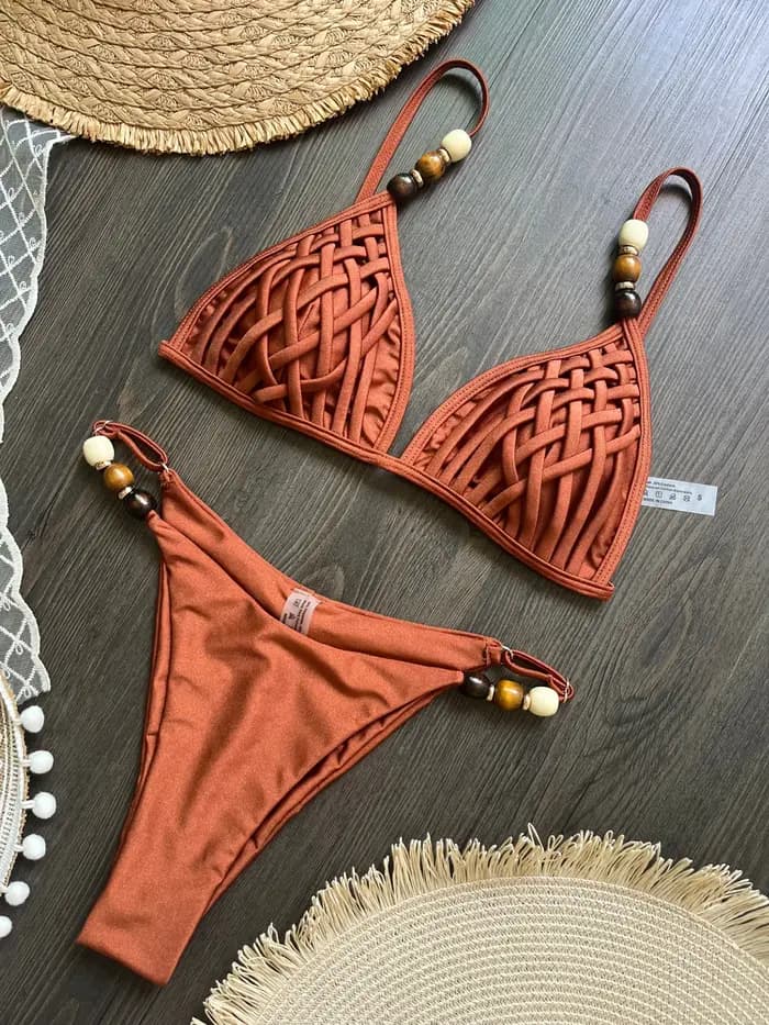 Sexy marron Bikini ensemble 2026 femmes perles sangle trou sur Push Up soutien-gorge string maillot de bain brésilien