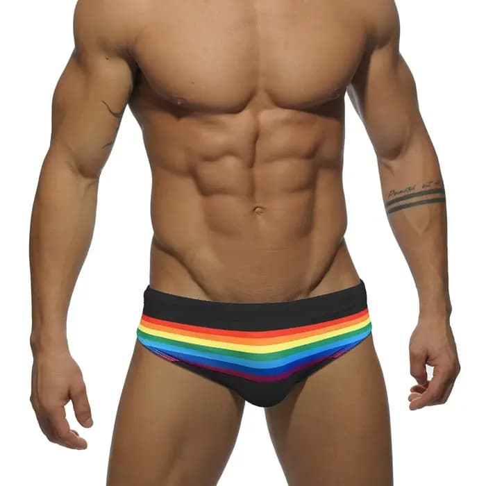 Maillot de bain à rayures arc-en-ciel pour hommes, slip sexy, push up, taille basse, vêtements de plage, d'été