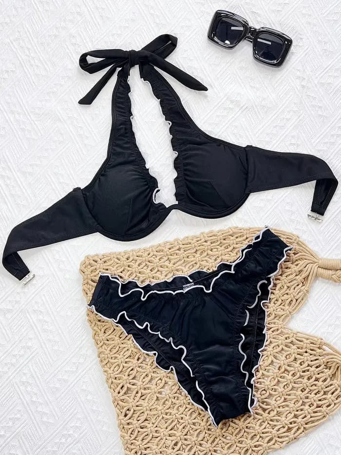 Volants à volants licou à armatures v-bar Bikini femmes maillot de bain maillot de bain pour femme deux pièces Bikini ensemble brésilien maillot de bain bain