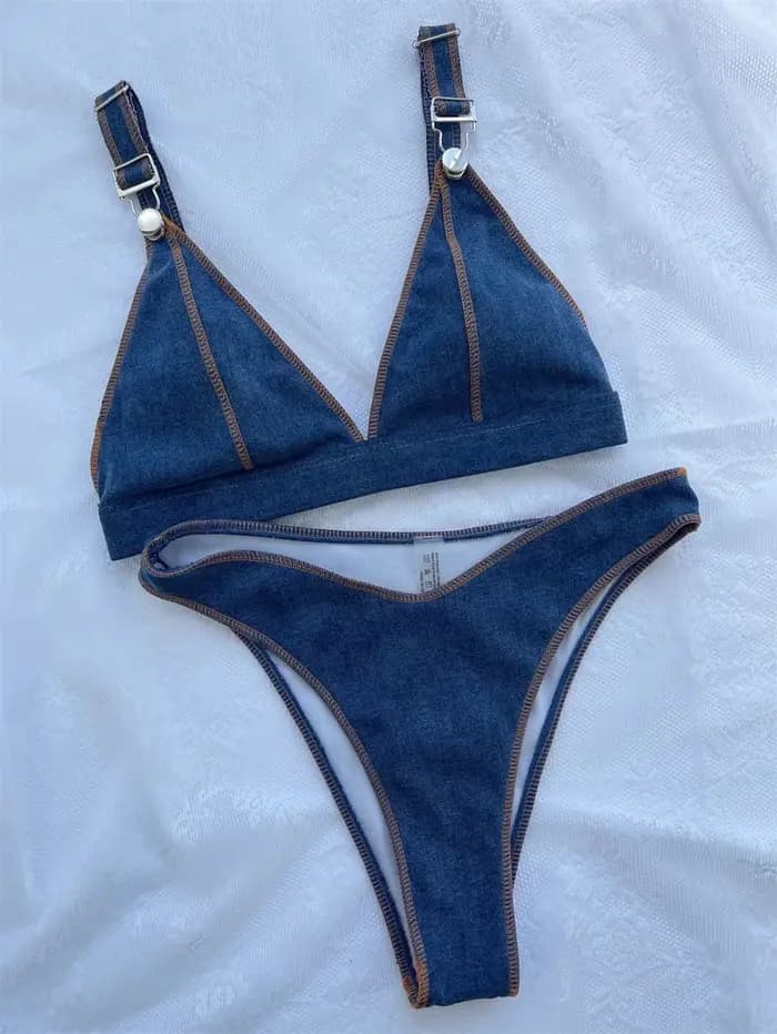 Maillot de bain en denim bleu, taille haute, avec boucles, bordure, pour femmes, tenue de plage, avec bretelles, tendance