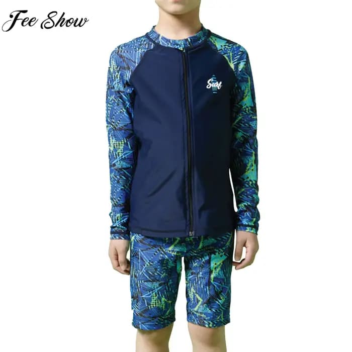 Maillot de bain à manches longues pour enfants, protection solaire pour garçons, haut à fermeture éclair avec short, chapeau anti-éruption, combinaison de plage, piscine, bain trempé
