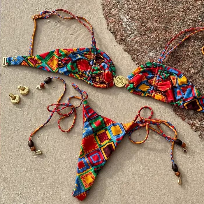 Ensemble de bikini brésilien sexy taille basse imprimé uni pour femme