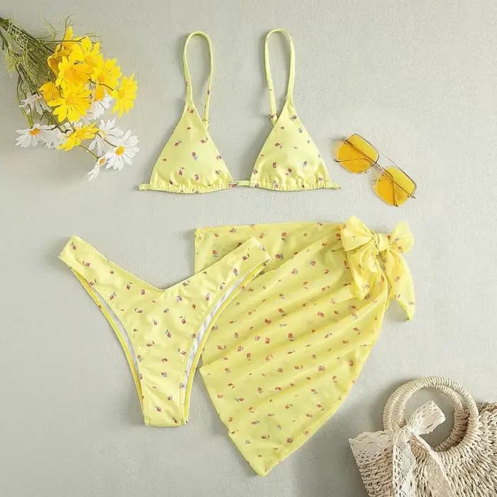 2025 vêtements de plage Bikinis jaune maillot de bain imprimé fleuri maille Cove Ups 3 pièces Bikini ensemble Damen Sexy maillot de bain femmes vêtements de natation