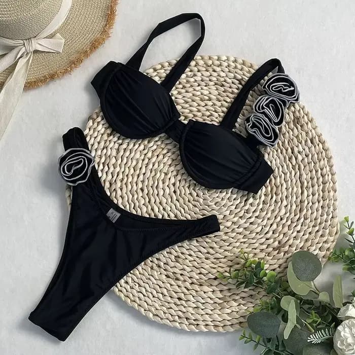 Maillots de bain femme deux pièces fleur Bikinis femme 2 pièces 3D Rose Bikini ensemble coupe haute