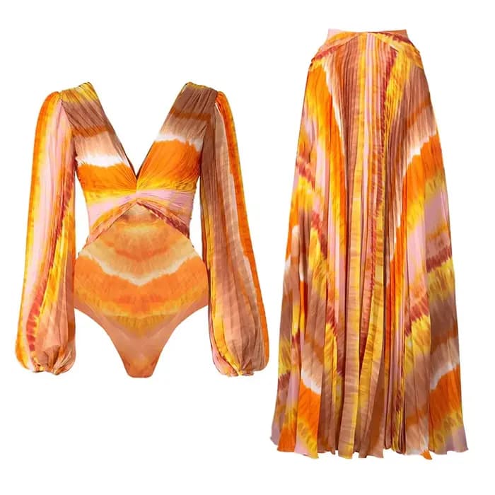 Plissé à manches longues col en v tache une pièce maillot de bain ensemble 2025 mode maillot de bain nouveau femmes vacances maillot de bain Bañador Mujer