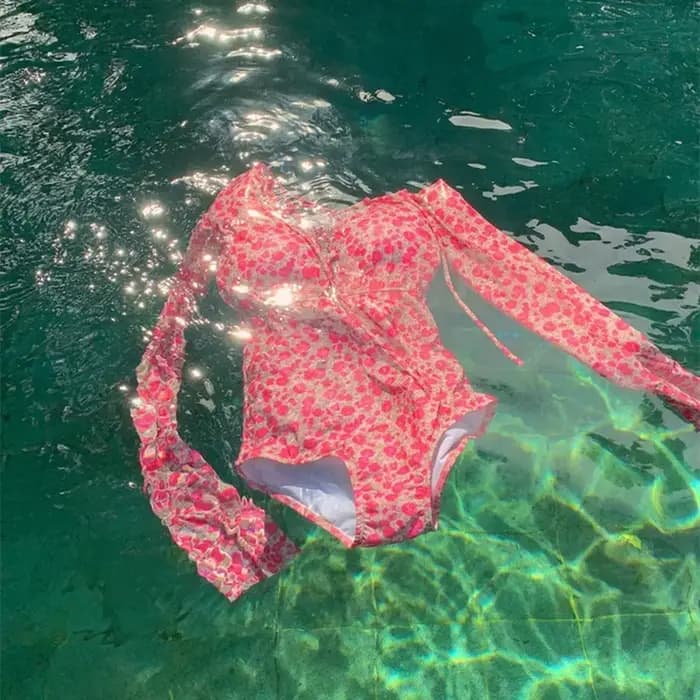 Maillot de bain une pièce à fleurs, Sexy, rembourré, Monokini, manches longues, pour femmes, vêtements de plage, coréen, 2024