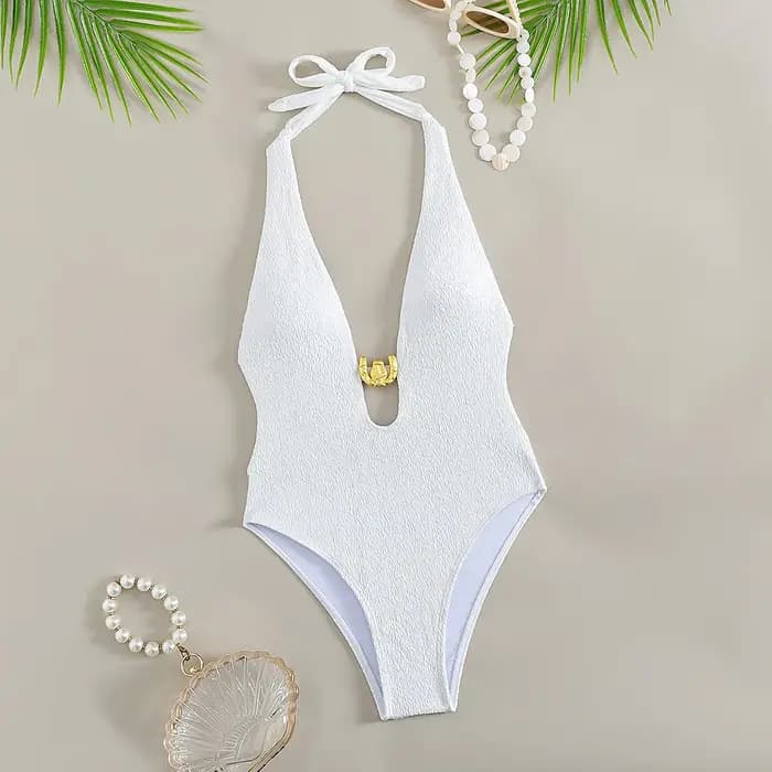 Maillot de bain une pièce blanc, Sexy, décolleté en V profond, boucle en métal, ajouré, dos nu, pour vacances d'été, Monokini, 2025