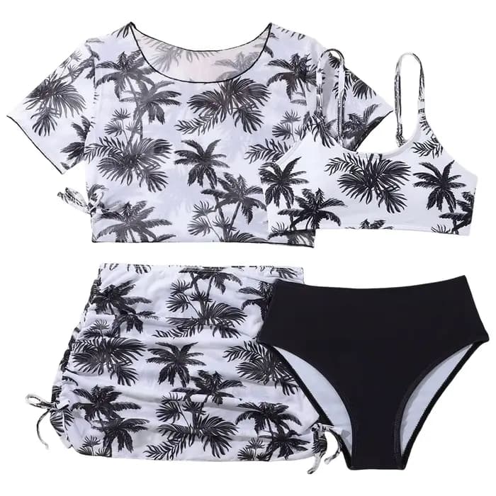 Ensemble de bikini 4 pièces pour filles, maillot de bain imprimé palmier de coco, avec jupe de plage