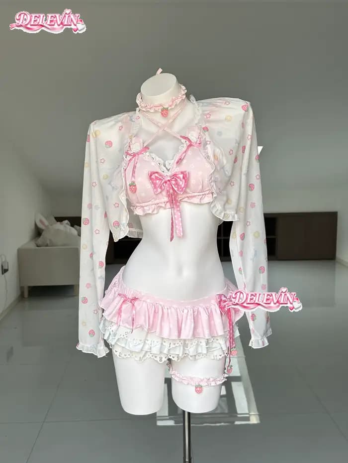 Ensemble de bikini Lolita Kawaii mignon, nouvelle collection d'été, maillot de bain deux pièces séparé, motif fraise, sexy