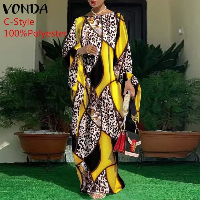 VONDA-Robe longue de plage plissée à manches longues pour femme, caftan vintage, imprimé léopard, ro