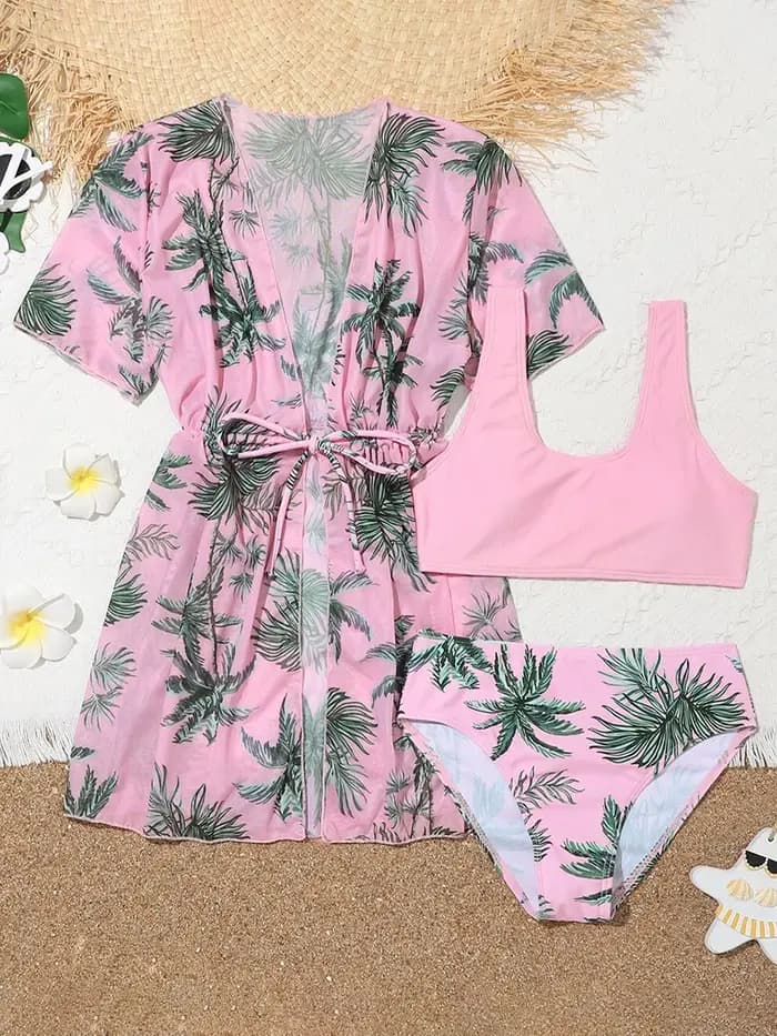 Ensemble 3 pièces maillot de bain imprimé tropical 2026 pour filles avec kimono, tenue de bain pour enfants, maillot de bain féminin, vêtements de plage