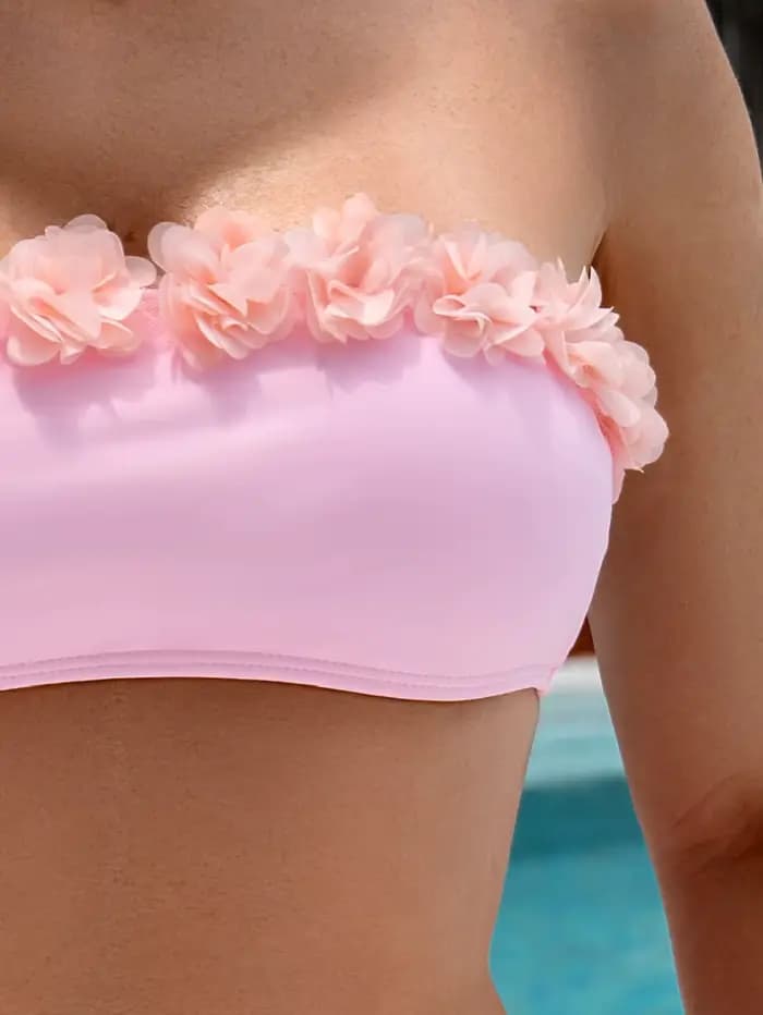 Maillot de bain rose imprimé floral pour femmes, ensemble deux pièces, bikini string, vêtements de plage