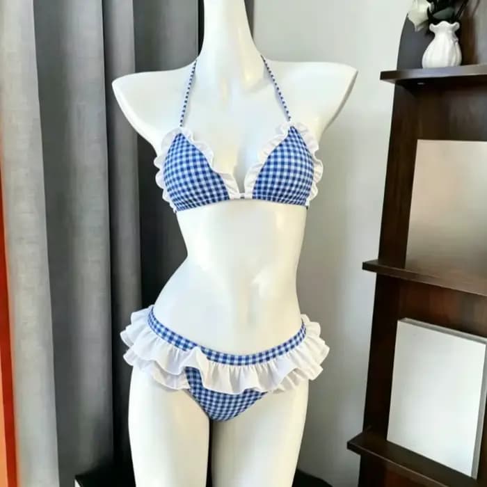 Ensemble de bikini imprimé à col halter pour femme, maillot de bain deux pièces à volants, style japonais Kawaii, pour les vacances d'été à la plage