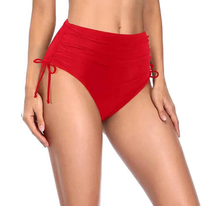 Bas de bain moulant basique pour femmes, couleur unie, taille haute, couverture complète, Bikini fendu, slip de plage, cordon de serrage