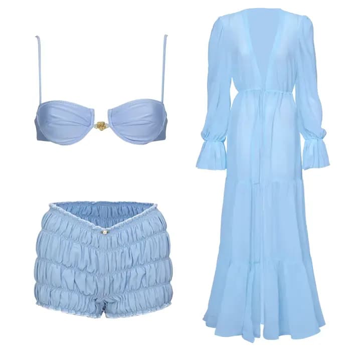 Ensemble bikini sexy 4 pièces avec short et paréo pour femme, maillot de bain uni à coupe haute pour