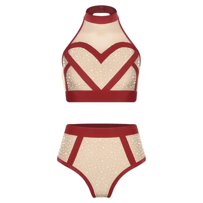 Maillot de bain femme brillant avec strass, ensemble deux pièces, haut court en maille à dos nu et s
