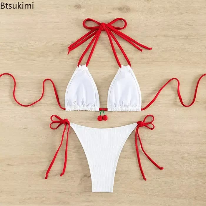 Ensemble de maillot de bain bikini été 2026 tendance sexy dos nu 2 pièces pour femme avec lacets et taille haute pour la plage