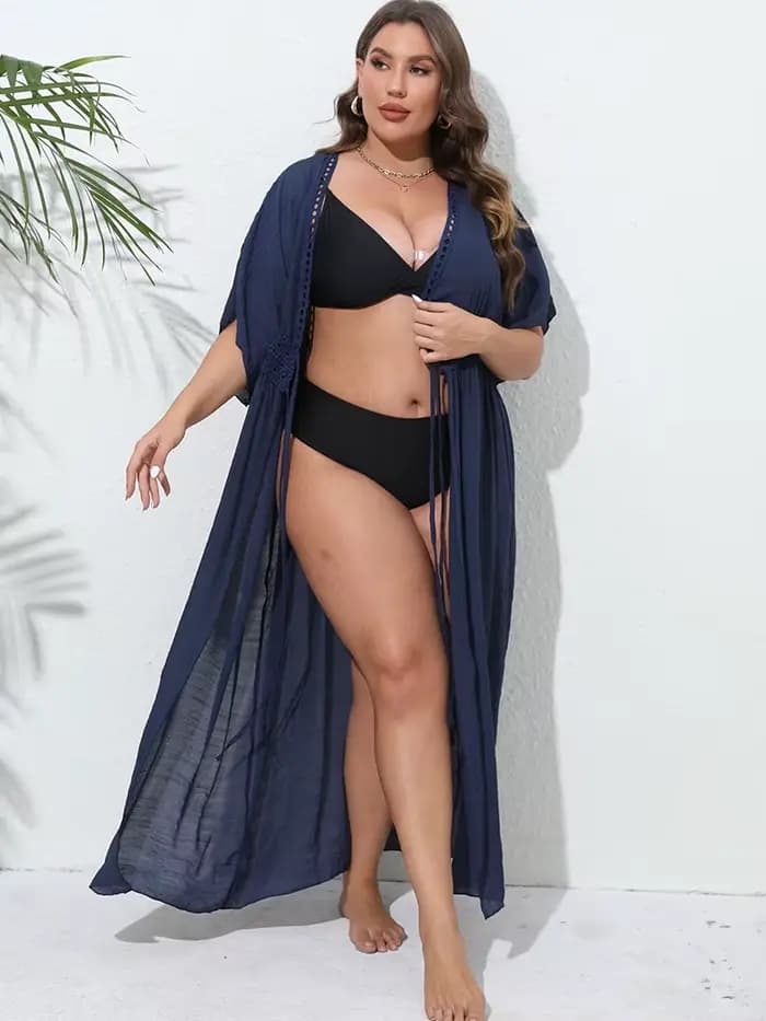 GIBSIE-Couverture de maillot de bain grande taille pour femme, kimono frontal solide, vêtements de plage, protection solaire, tunique longue, couvertures de bikini