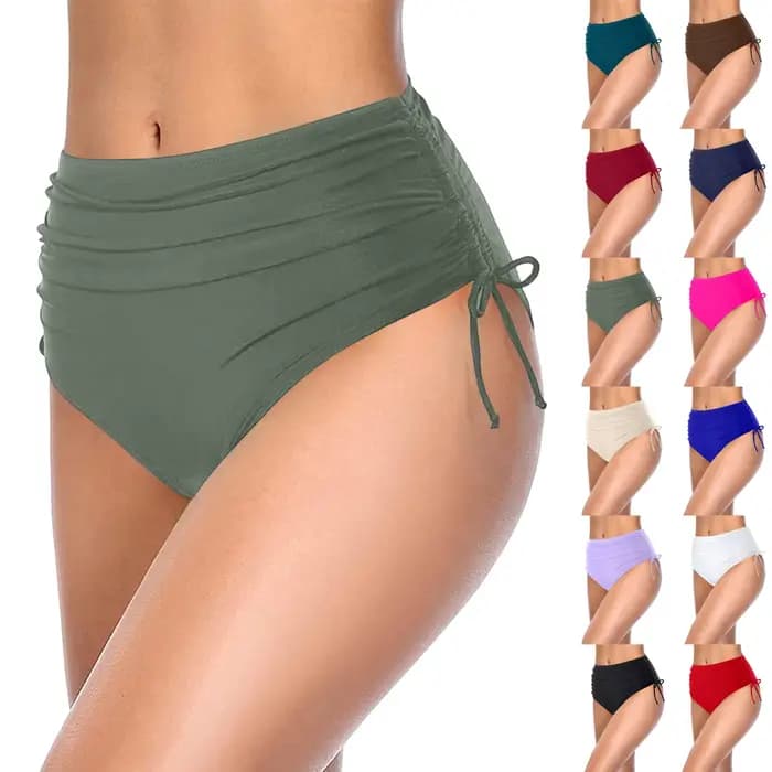 Bas de bain moulant basique pour femmes, couleur unie, taille haute, couverture complète, Bikini fendu, slip de plage, cordon de serrage