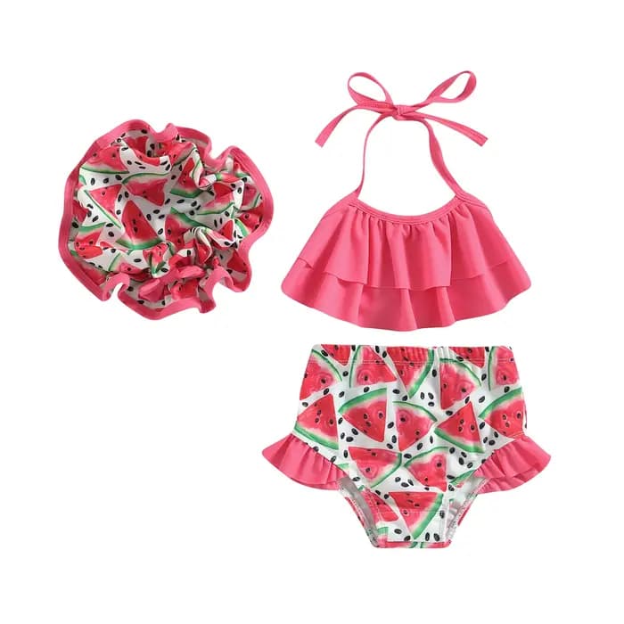Maillot de bain Bikini pour petites filles, sans manches, col licou, à volants, haut court, gilet, short, costume de bain pour nourrissons avec chapeau