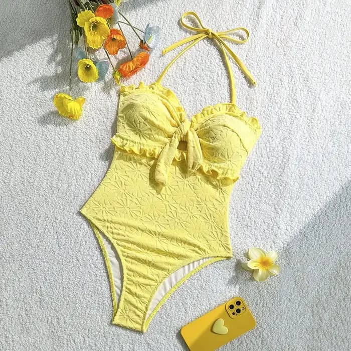 Vintage Front Bow One Pice maillot de bain 2026 femmes Sexy jaune volants Push Up Slim Fit ventre contrôle maillots