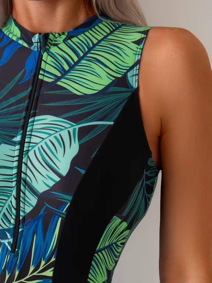 Maillot de bain une pièce imprimé feuilles tropicales pour femmes