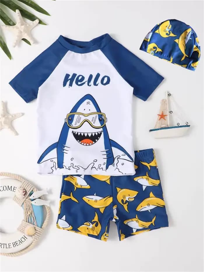 Maillot de bain enfant garçon 2026 Nouveau motif requin Manches courtes Maillot de bain deux pièces