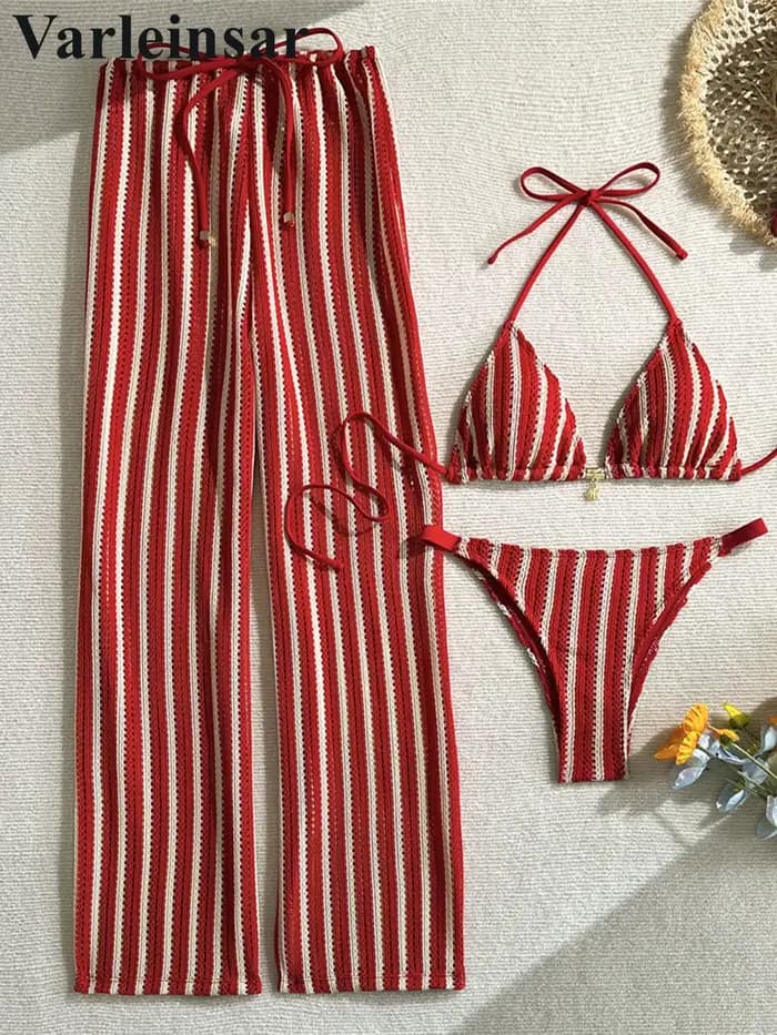 Maillot de bain trois pièces pour femme, ensemble bikini brésilien à rayures avec pantalon, maillot de bain V7838