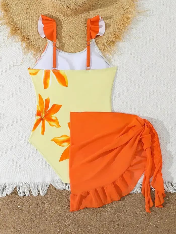 Maillot de bain une pièce avec jupe pour filles de 8 à 12 ans