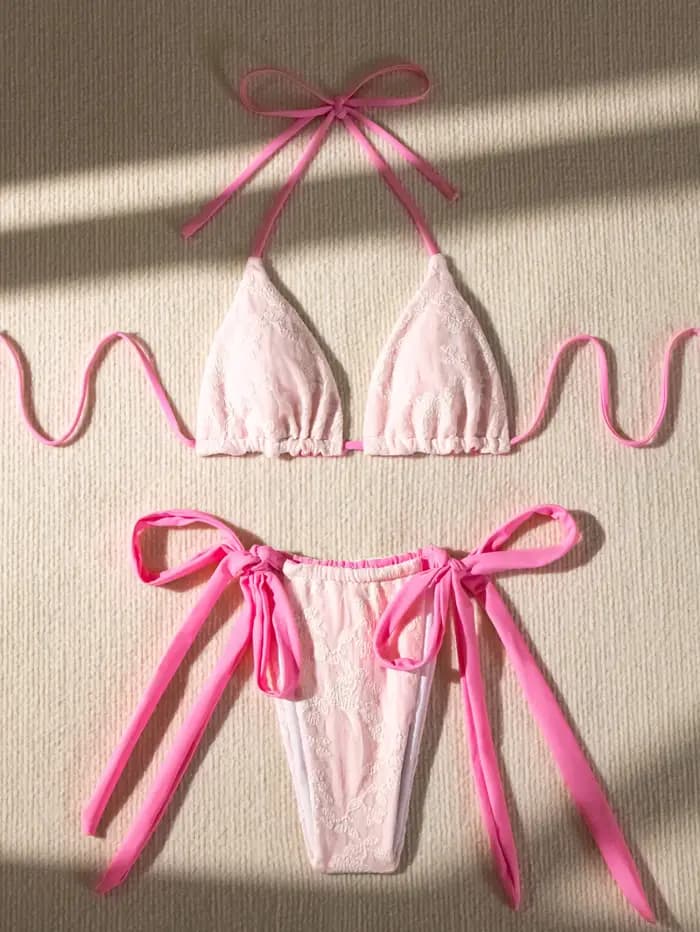 Maillot de bain deux pièces en dentelle pour femmes, rose, chic, micro, bikini, ensemble brésilien, baigneur, 2024