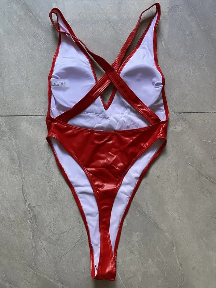 Cuir PU col en V extrême Mini String femmes maillots de bain une pièce maillot de bain femme Monokini croix dos nu maillot de bain bain