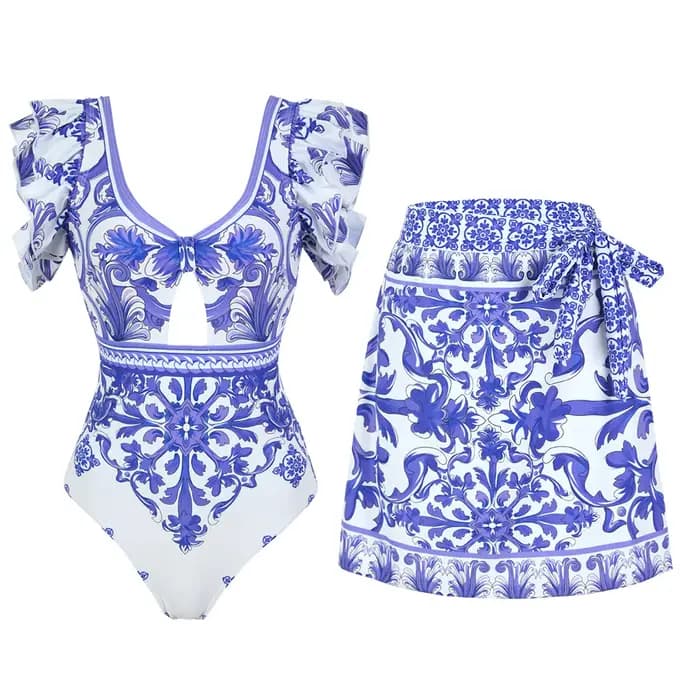 Maillot de bain une pièce moulant pour femme, imprimé porcelaine bleu et blanc, avec ensemble de paréo, pour les vacances à la plage
