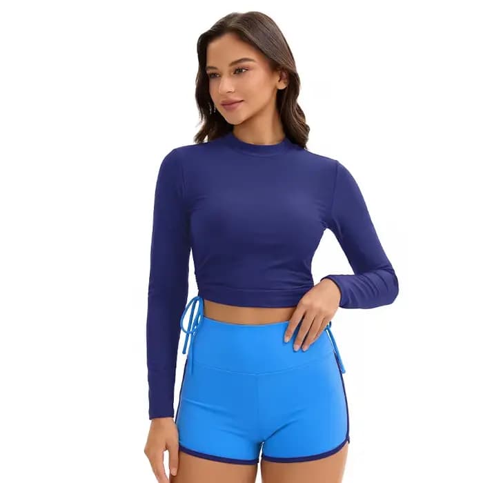 Maillots de bain à manches longues pour femmes, ensemble deux pièces, col montant, protection anti-UV, style modeste pour le surf, couleurs contrastées avec coupe Boyleg