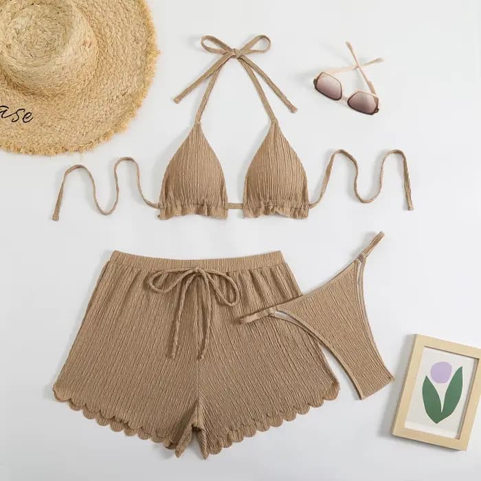 Ensemble de 3 pièces : Bikini string triangle 2026 pour femme, maillot de bain halter uni et sexy