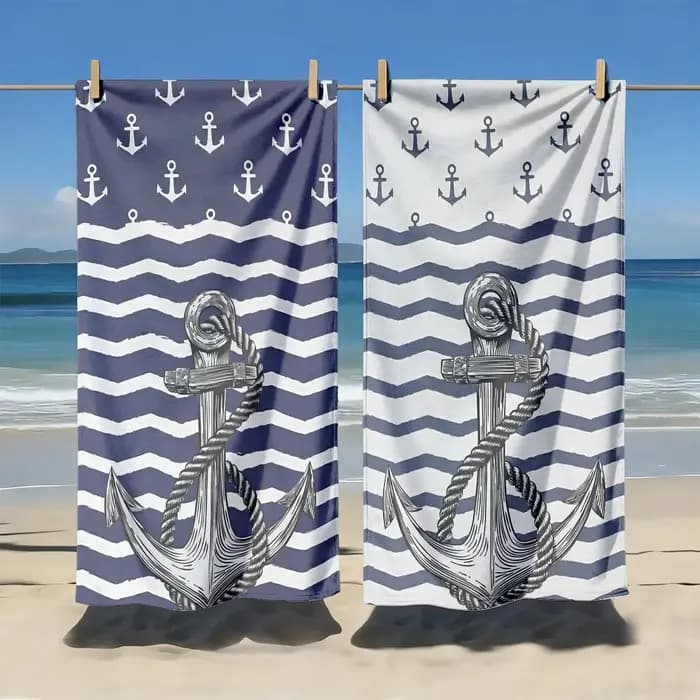 2 serviettes de plage à séchage rapide, motif ancre nautique et roue de bateau, serviettes de bain surdimensionnées sur le thème côtier pour les vacances d'été