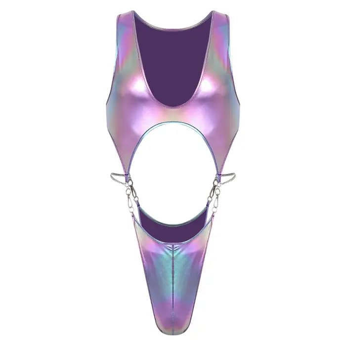 Maillot de bain une pièce pour homme, style combinaison, holographique métallique, à découpes, avec chaîne à crochets et bouton, découpes au niveau du bas de la jambe, coupe haute