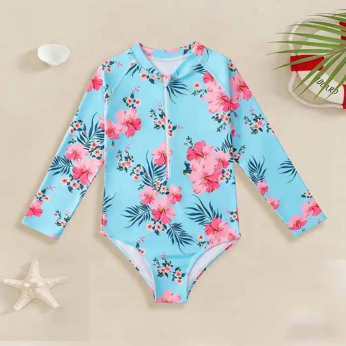 Maillot de bain une pièce à manches longues pour filles, fermeture éclair, imprimé floral tropical h