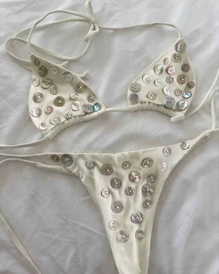 Bikini Sexy Diamanté Effet Bronzant 2026 pour Femme, Maillot de Bain de Luxe Blanc Push-Up à Bandes et String, Micro Maillot de Bain d'Été, Biquini