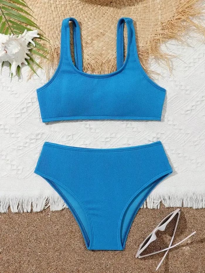 Bikini filles enfants maillot de bain 2026 nouveau bleu côtelé fronde maillots de bain pour enfants été taille haute deux pièces plage maillot de bain natation