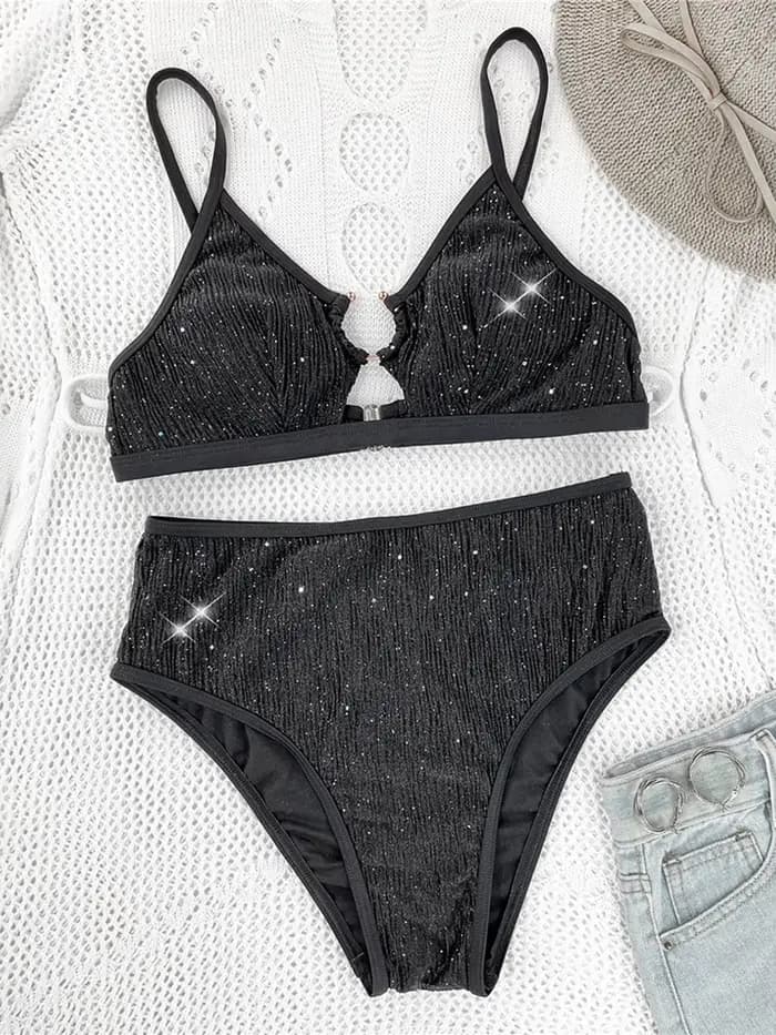 Maillot de bain féminin à découpes scintillantes, bikini taille haute, ensemble deux pièces, K5389