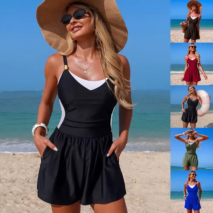 Maillot de bain une pièce pour femme, design color-block, taille haute, short amincissant, maillot de bain d'été élégant pour la plage et la piscine