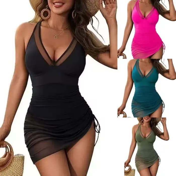 Maillots de bain une pièce pour femmes, grande taille, amincissants, en maille, col en V, avec paréo, effet ventre plat, monokini, pour la plage et la piscine, XXL