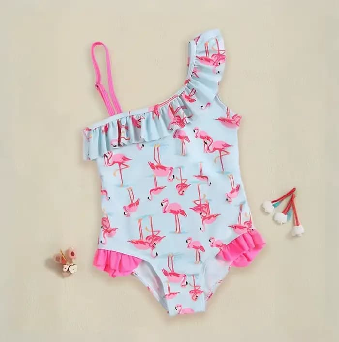 Maillot de bain flamant rose pour filles, asymétrique épaule dénudée, à volants, imprimé bleu clair, pour plage, piscine, vacances, tenue pour tout-petits