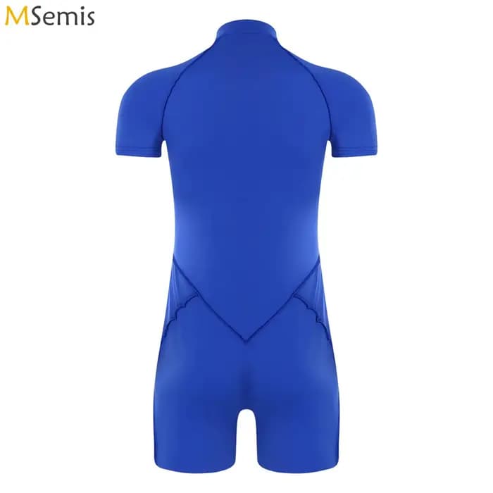 Hommes barboteuses body maillot de bain col montant avant fermeture éclair manches courtes Shorts bas justaucorps combinaison maillots de bain musculation combinaison