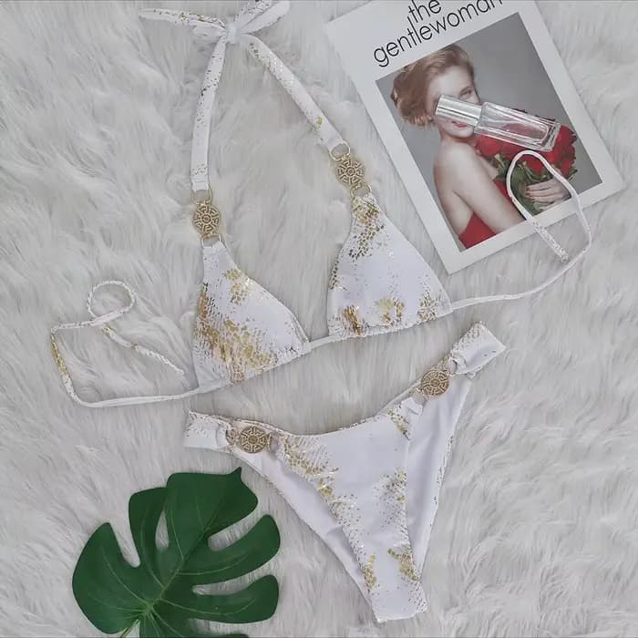 Peau de serpent imprimé licou diamant Bikini ensemble 2024 strass femmes maillots de bain licou String femme maillot de bain coupe haute maillot de bain