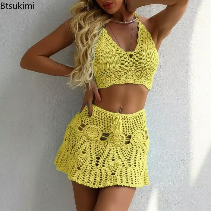 Maillot de bain sexy avec jupe coquillage pour femme, bikini string, taille haute, crochet, amissié, vêtements de plage