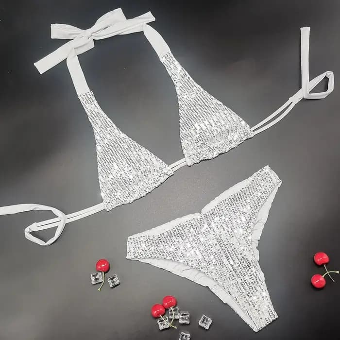 Maillot de bain deux pièces pour femmes, bikini scintillant, ensemble smocké, push up, pour la plage