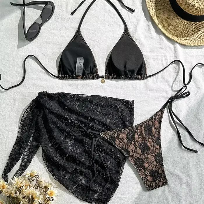 Ensemble de maillot de bain trois pièces sexy en dentelle pour femme, style brésilien, pour la plage et la piscine