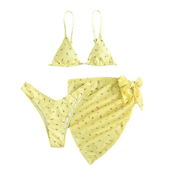 2025 vêtements de plage Bikinis jaune maillot de bain imprimé fleuri maille Cove Ups 3 pièces Bikini ensemble Damen Sexy maillot de bain femmes vêtements de natation