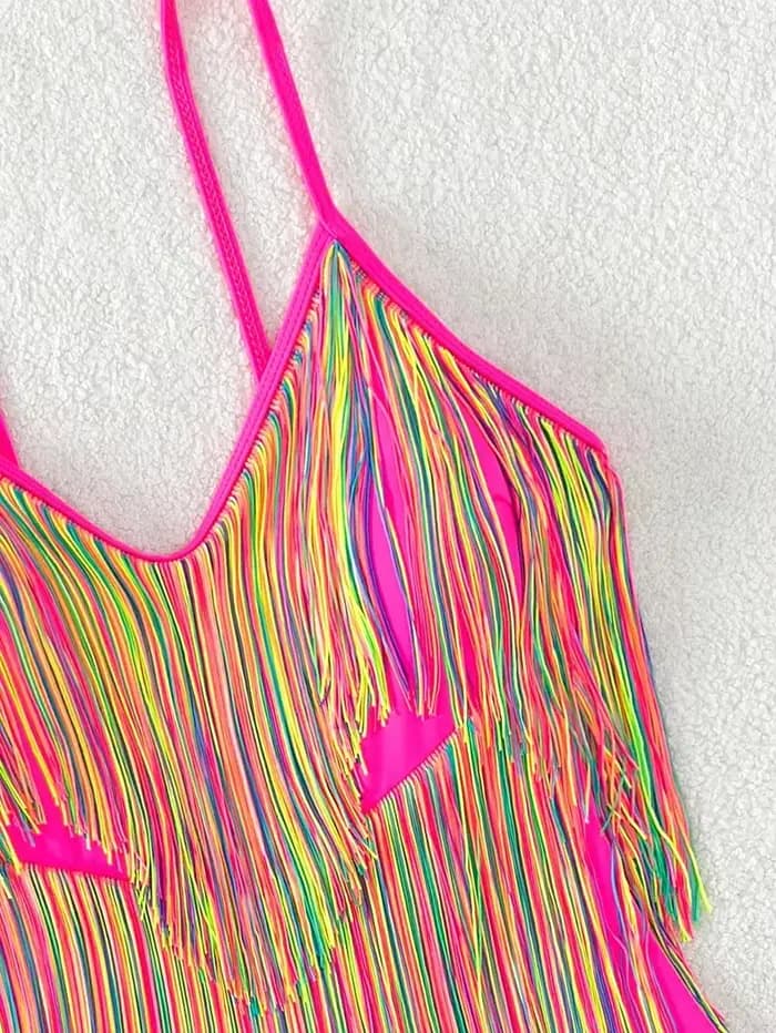 Maillot de bain une pièce à franges colorées, sexy, rose vif, push-up, contrôle TUNIControl, pour la plage, dos nu, trempé, monokini, pour femmes, tendance 2024